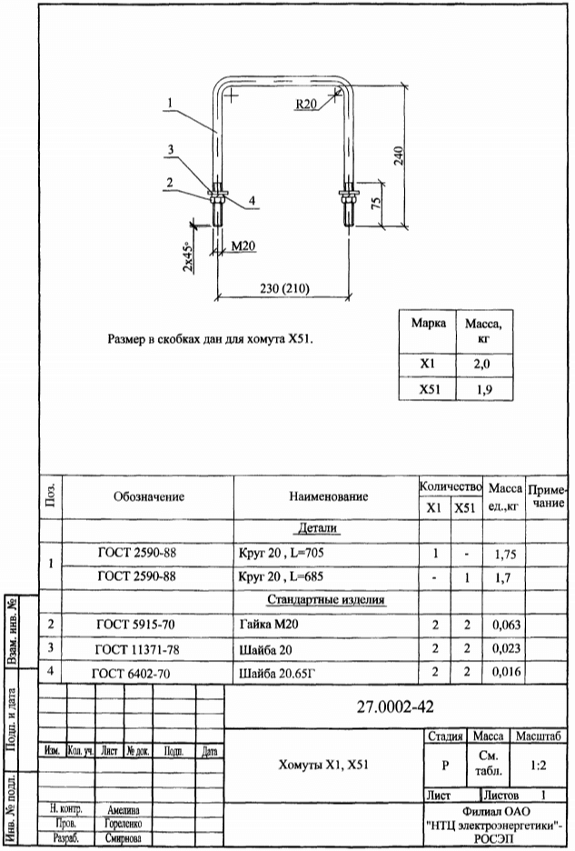 Габаритные размеры, чертеж хомута Х-1